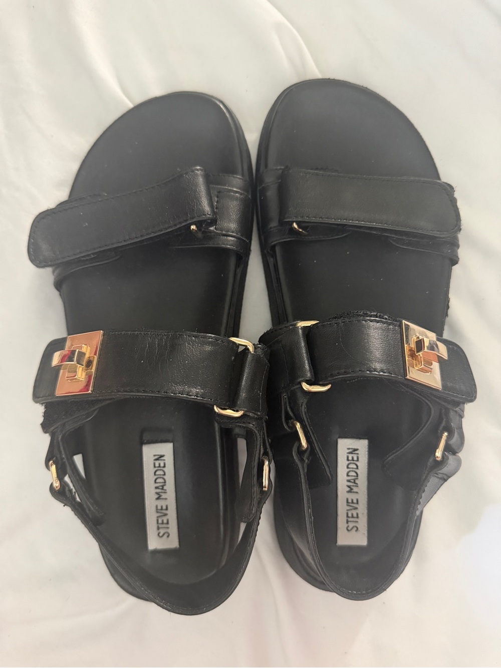 Steve Madden Black Strappy Slide Sandals US Woman’s 8 Gold Accent Stylish Chic